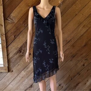 Vintage 90s/Y2K City Triangles Whimsical Navy Sparkly Floral Ruffle Hem Dress